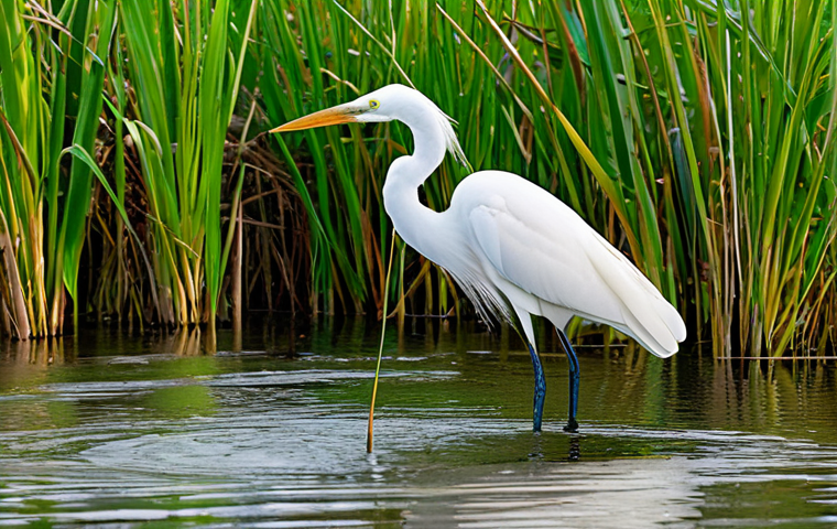 A serene and vibrant wetland, newly renatured, with lush green reeds and clear water. A majestic great egret stands gracefully in the shallow water, successfully hunting fish, symbolizing the return of biodiversity after habitat restoration. The background subtly shows elements of how the landscape was previously degraded (e.g., a faint, distant field line) to highlight the positive change.