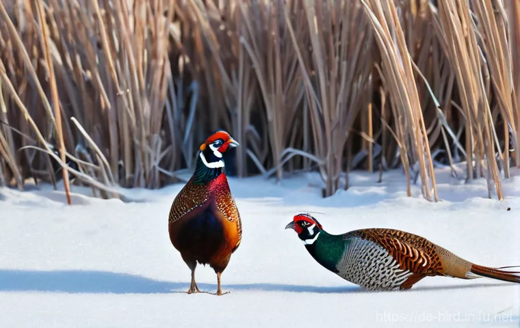 꿩과 까투리의 생태 - **Prompt 1: Winter Survival of a Pheasant Pair**
    "A photorealistic image depicting a male and fe...