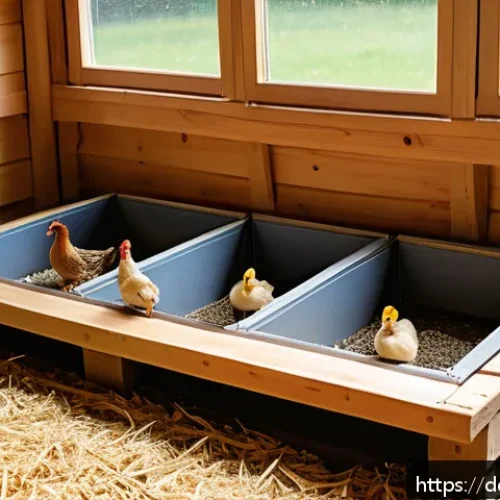 닭과 오리의 혼합 사육법 - A cozy, well-ventilated chicken and duck coop interior designed for shared housing in a temperate Ge...
