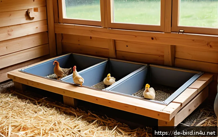 닭과 오리의 혼합 사육법 - A cozy, well-ventilated chicken and duck coop interior designed for shared housing in a temperate Ge...