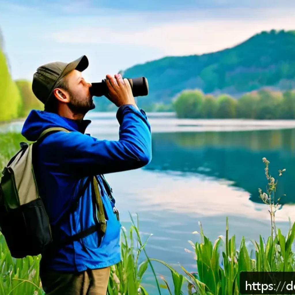 철새 관찰을 위한 장비 - A serene spring morning scene by a German lakeside with a birdwatcher using an ergonomic, waterproof...