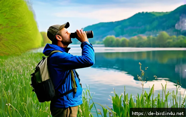 철새 관찰을 위한 장비 - A serene spring morning scene by a German lakeside with a birdwatcher using an ergonomic, waterproof...